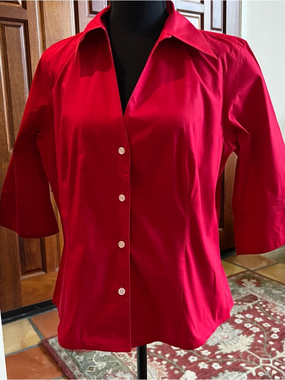SANDRA INGRISH Red Button Down Cotton Spandex Shirt Size Large 3/4 Sleeves